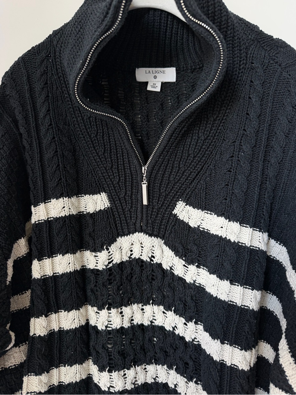 La Ligne Black and White Striped Half-Zip Turtleneck Sweater